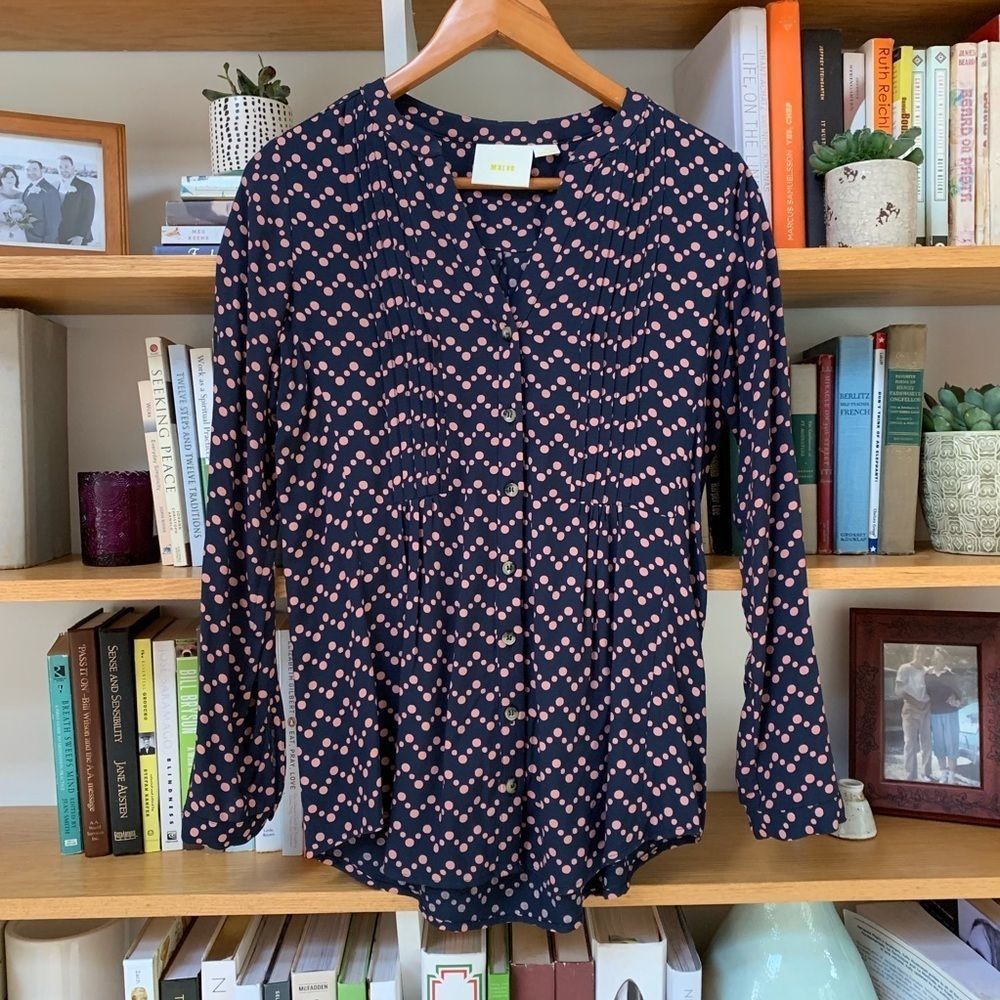 Anthropologie Maeve Navy Polka Dot Button Down Size XS - Picture 2 of 6